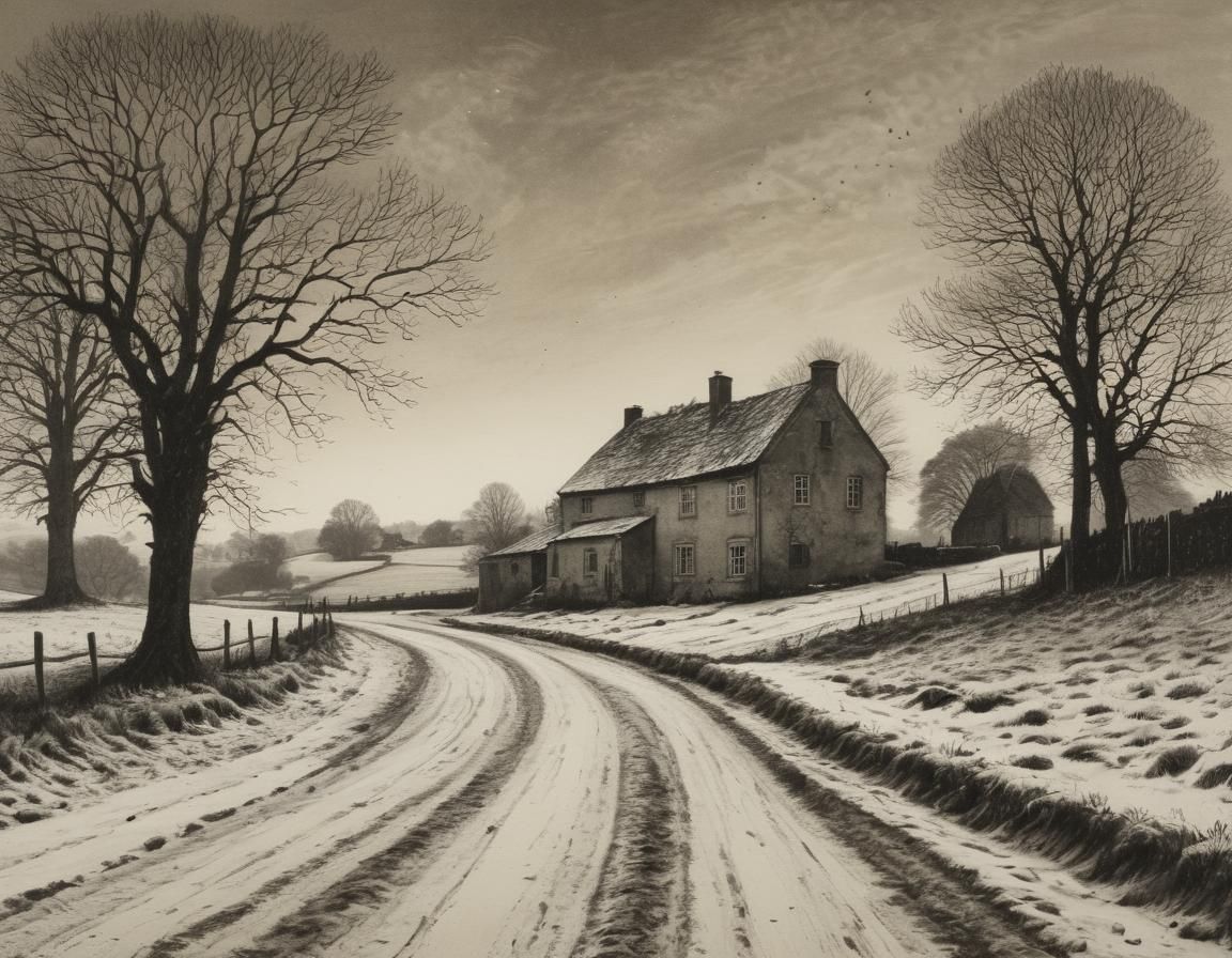 Winding Road to Farmhouse in Etching and Aquatint Style