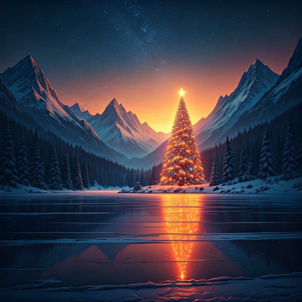 Frozen Lake Christmas Scene in Hyper-Realistic Style