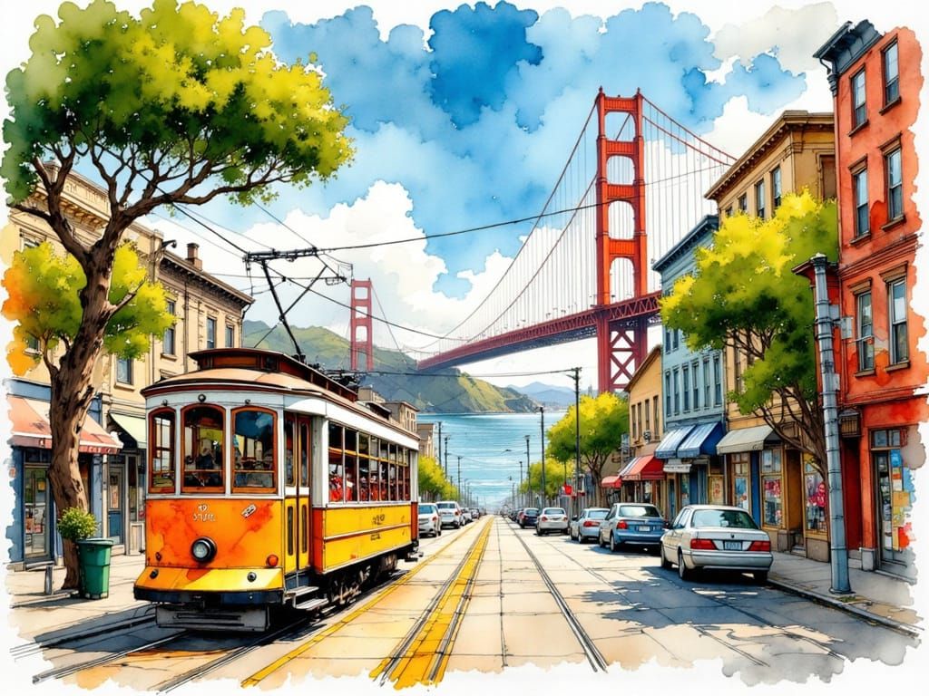 San Francisco Cable Car in Whimsical Watercolor Style