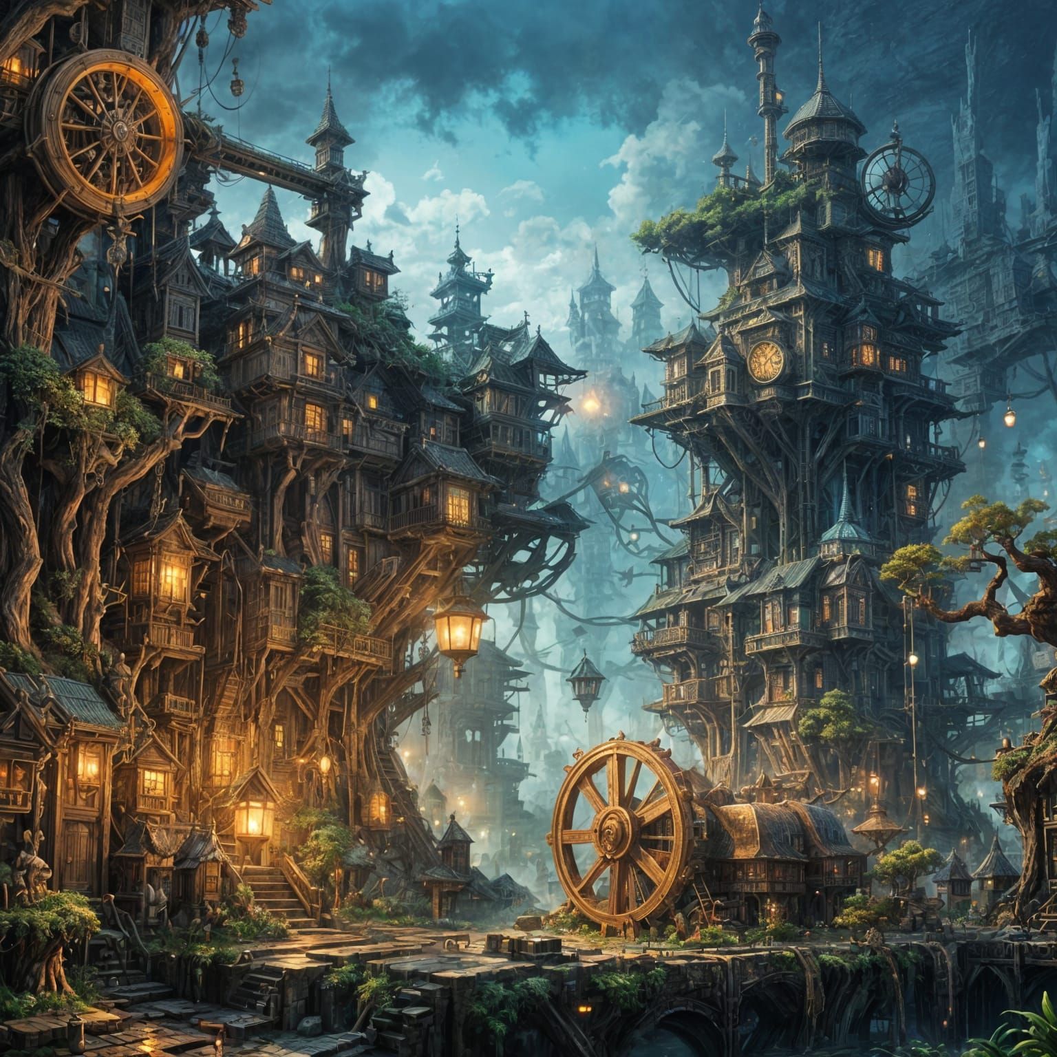 Clockpunk Crystal Garden Village: Digital Oil Painting