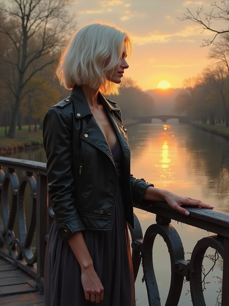 Woman on Bridge at Twilight, Romantic Realism Style