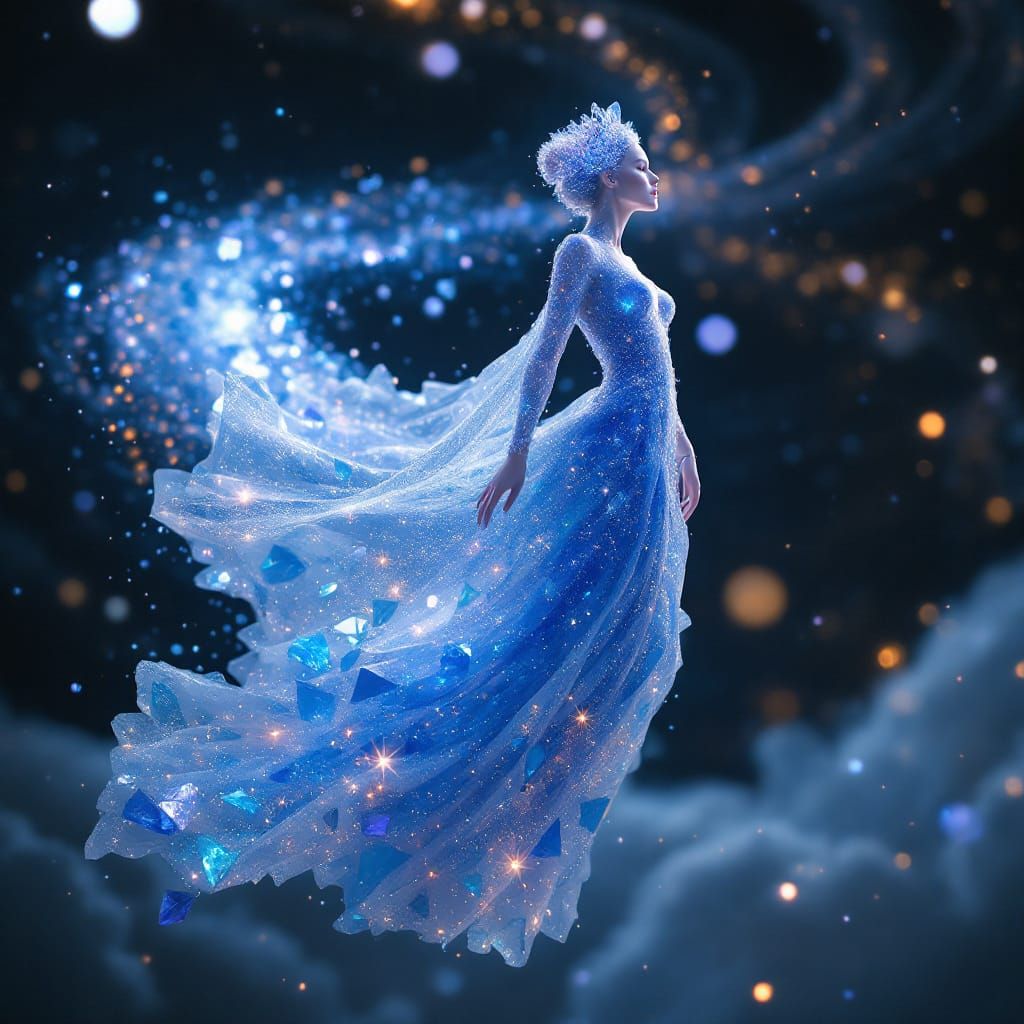 Regal Sapphire Woman Refracting Starlight in Cosmic Void