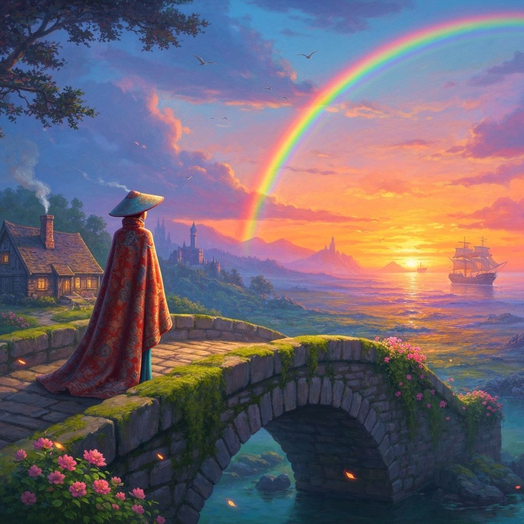 Magical Sunset Landscape Painting with Rainbow and Castle