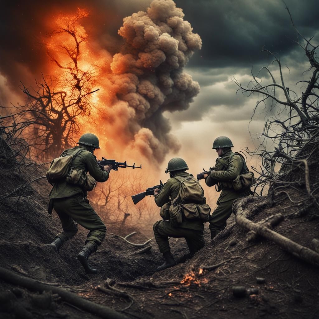 Ukrainian Soldiers in Trenches: Dystopian Surrealism