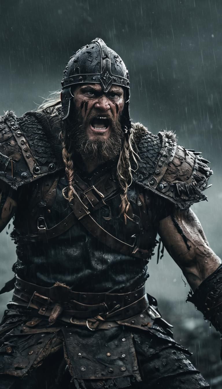 Berserker Viking Warrior in Stormy Battlefield