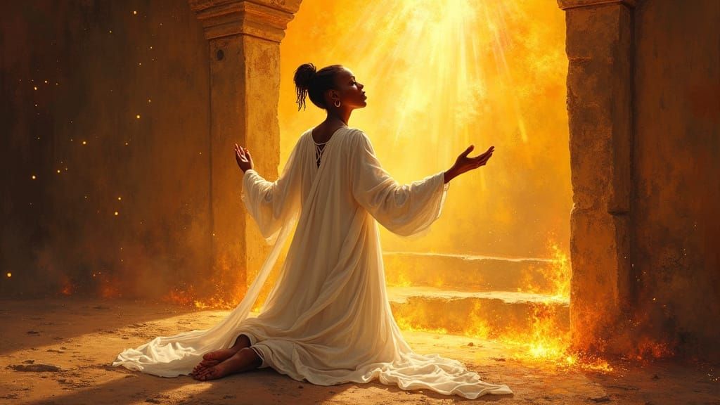 African Woman in Intense Prayer at the Altar, in Vibrant Exp...