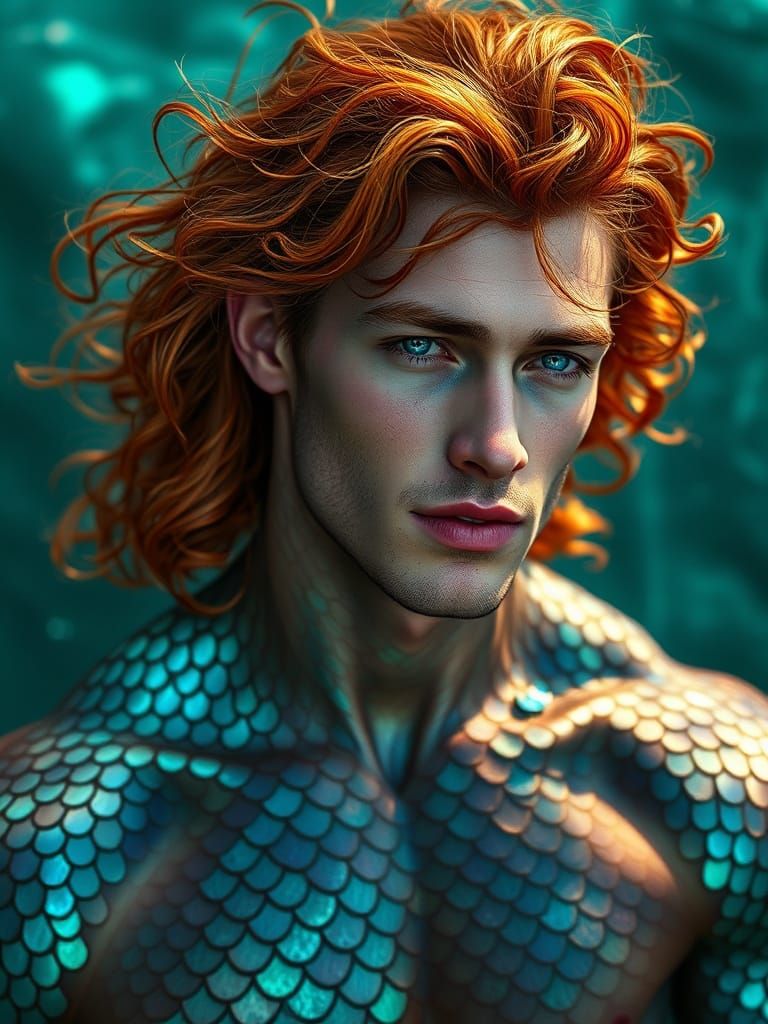 Handsome Merman with Iridescent Scales and Red Hair