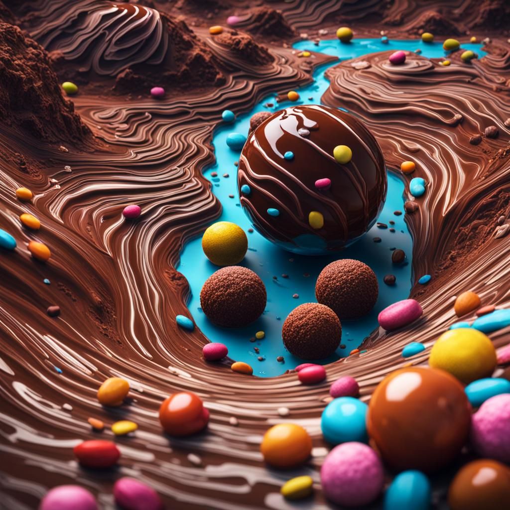 Hyperrealistic Candy Planet with Chocolate Rivers