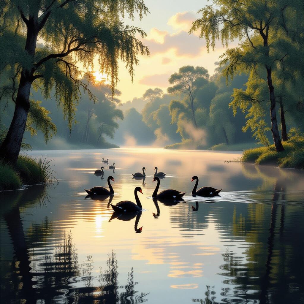 Tranquil Lake at Dawn with Swans in Impasto Style