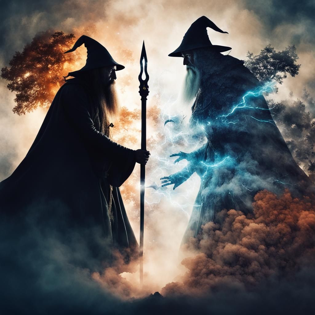 Fantasy Battle Inside Wizard Silhouette, Double Exposure Art