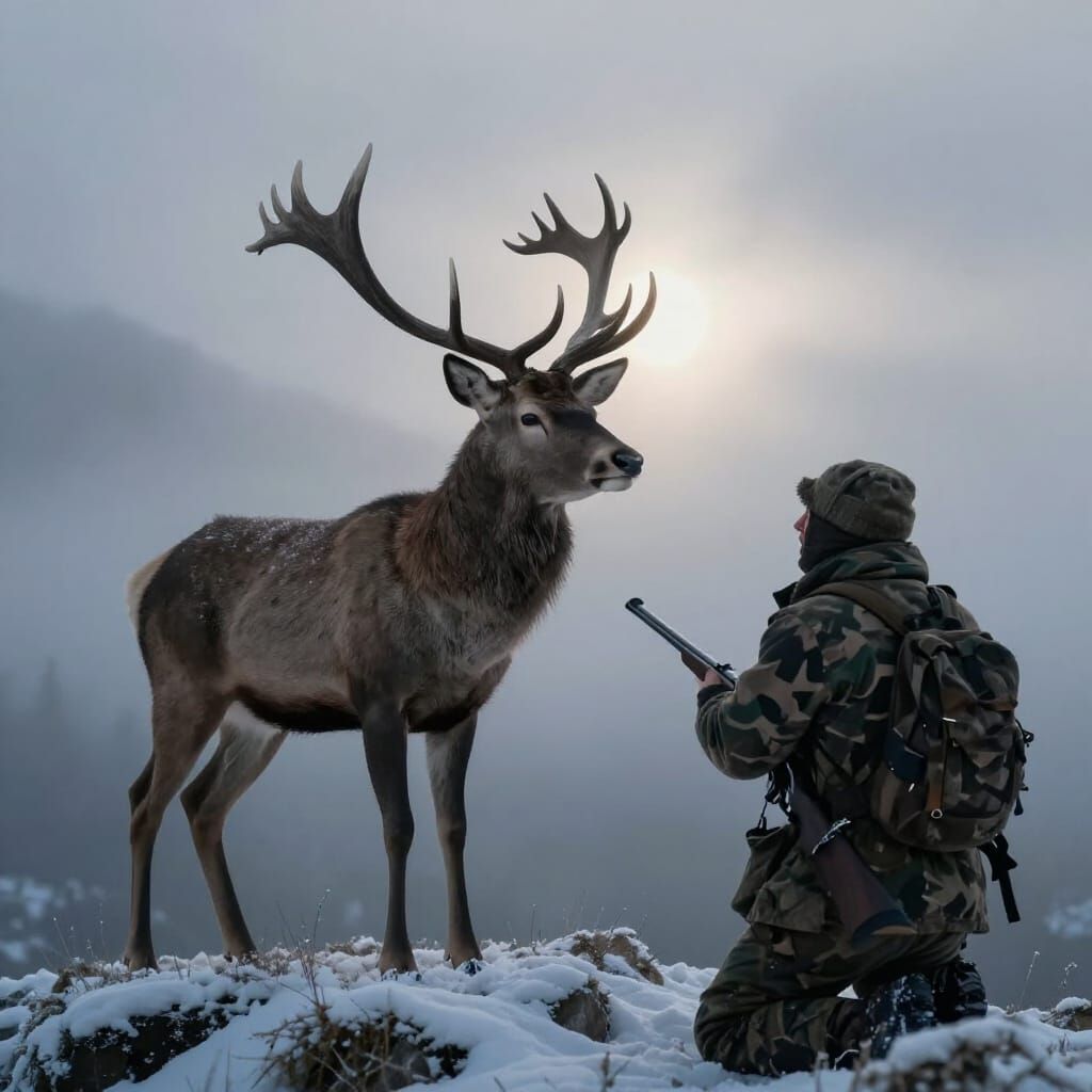 Majestic Stag Confronts Fearful Hunter in Misty Mountain Fog