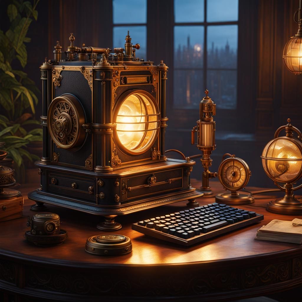 Steampunk Computer at Dawn in Watercolor Style