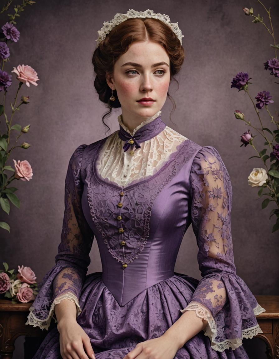 Beautiful Curvy Victorian Woman in Purple Lace Dress
