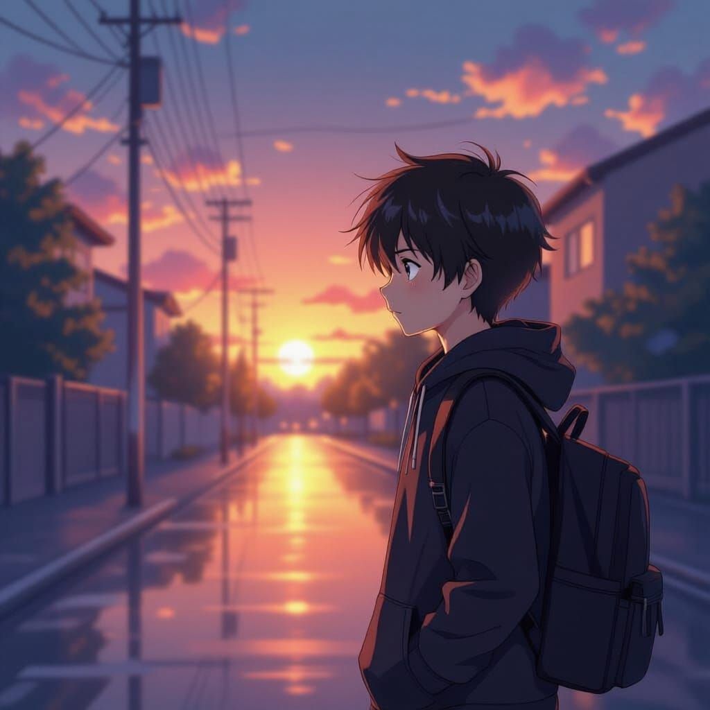Anime Boy Walking to School at Sunrise