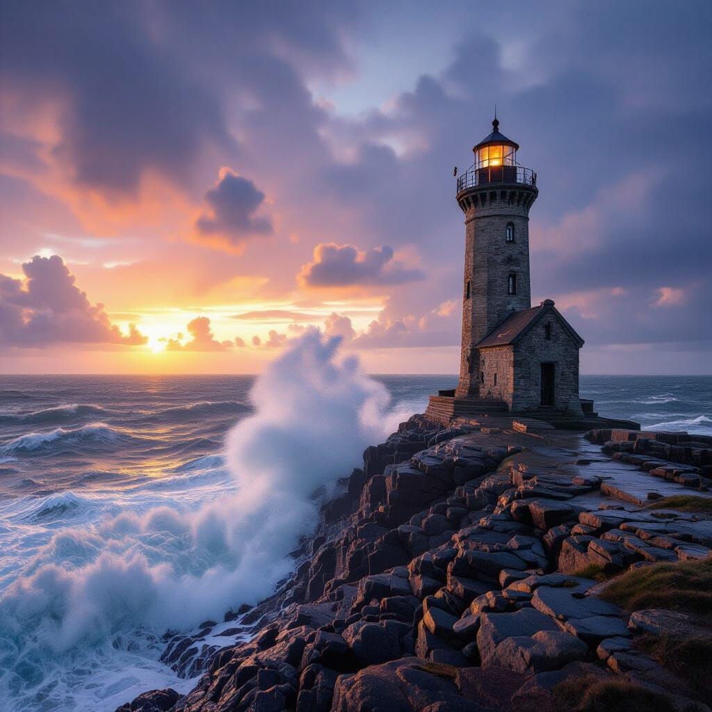 Ancient Lighthouse on Windswept Cliff at Sunset