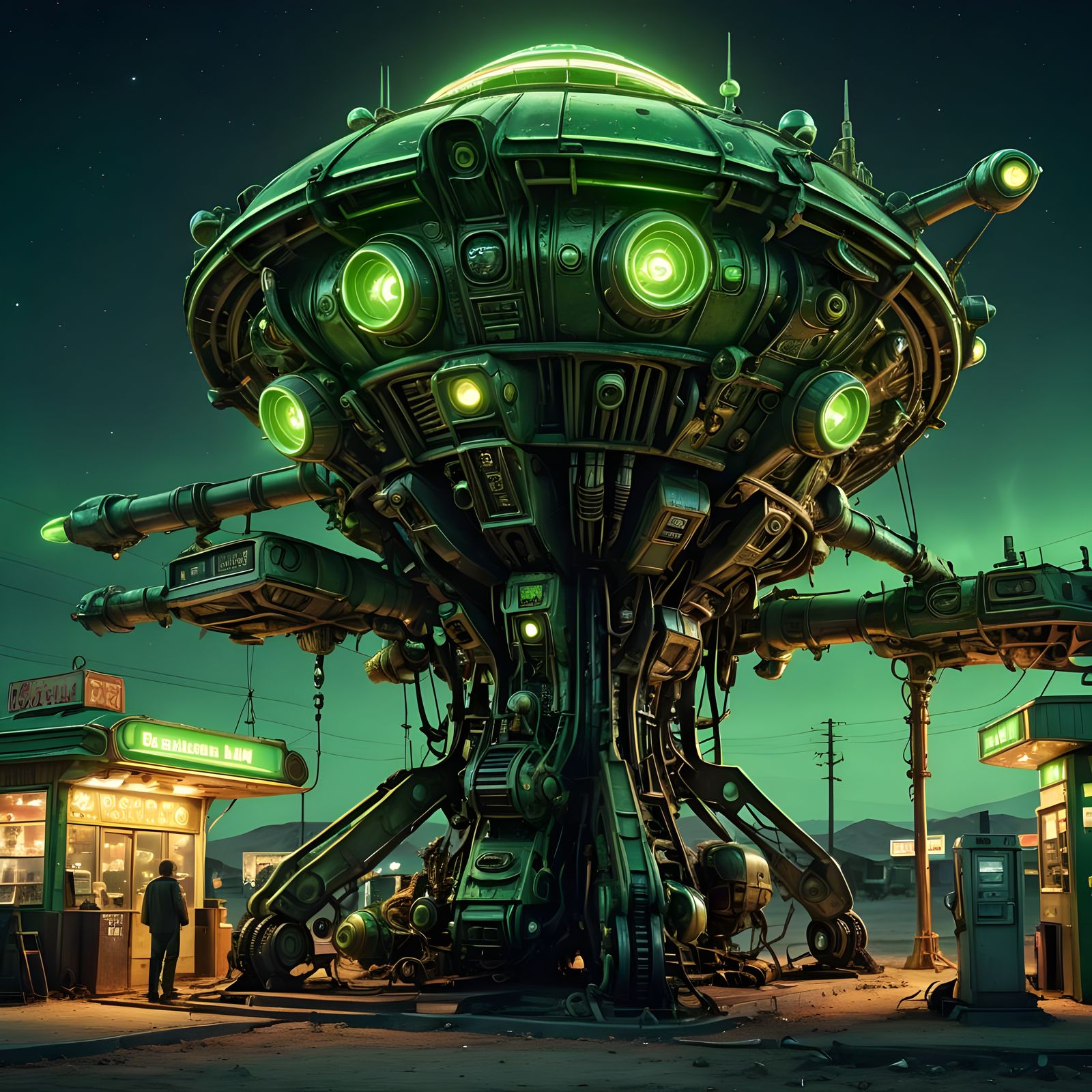 Steampunk Alien Ship Refueling: Hyperrealistic Sci-Fi Art