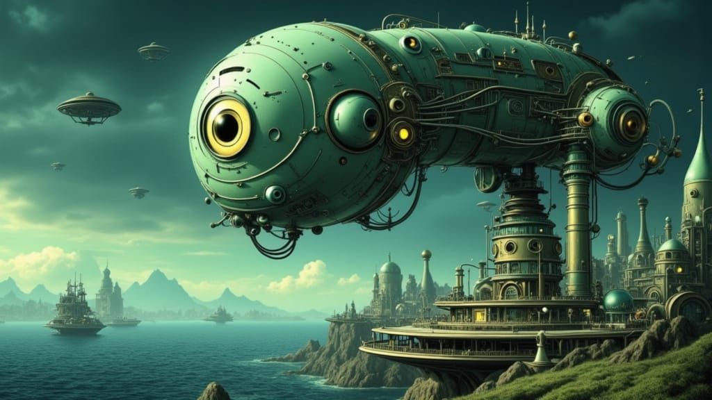 Alien City with Giant Telescope Eye by the Ocean