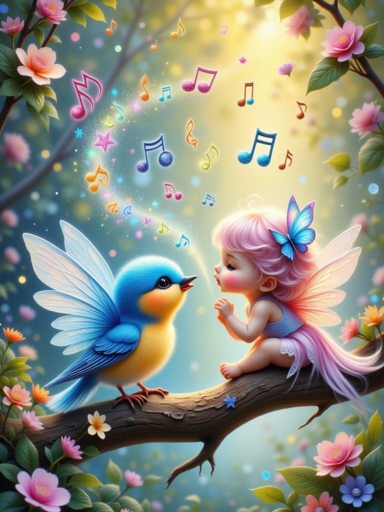 Whimsical Fairy and Bluebird Singing Magical Music Notes