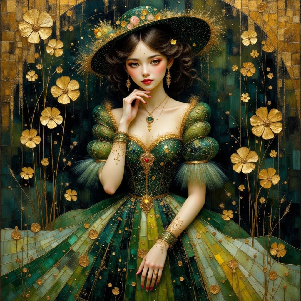 Woman in Green and Gold Gown in Pre-Raphaelite Style