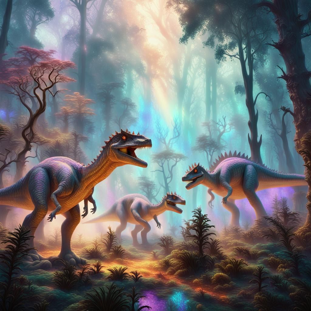 Ethereal Dinosaurs in Mystical Forest