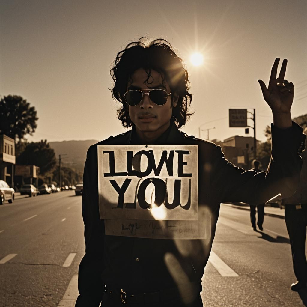 Michael Jackson with shades on+ holding a sign that says, + ...