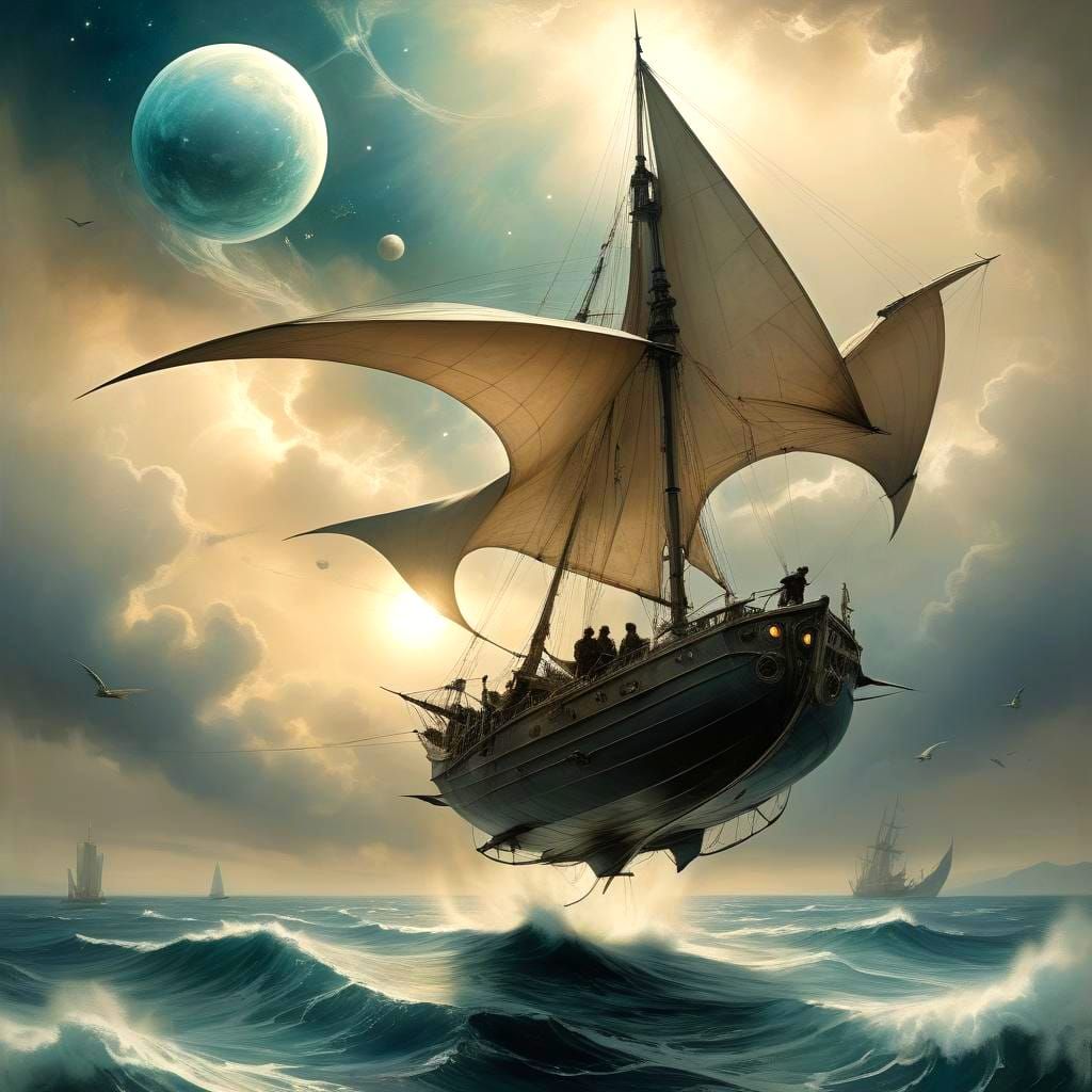 Futuristic Flying Sailboat in Cosmic Scene