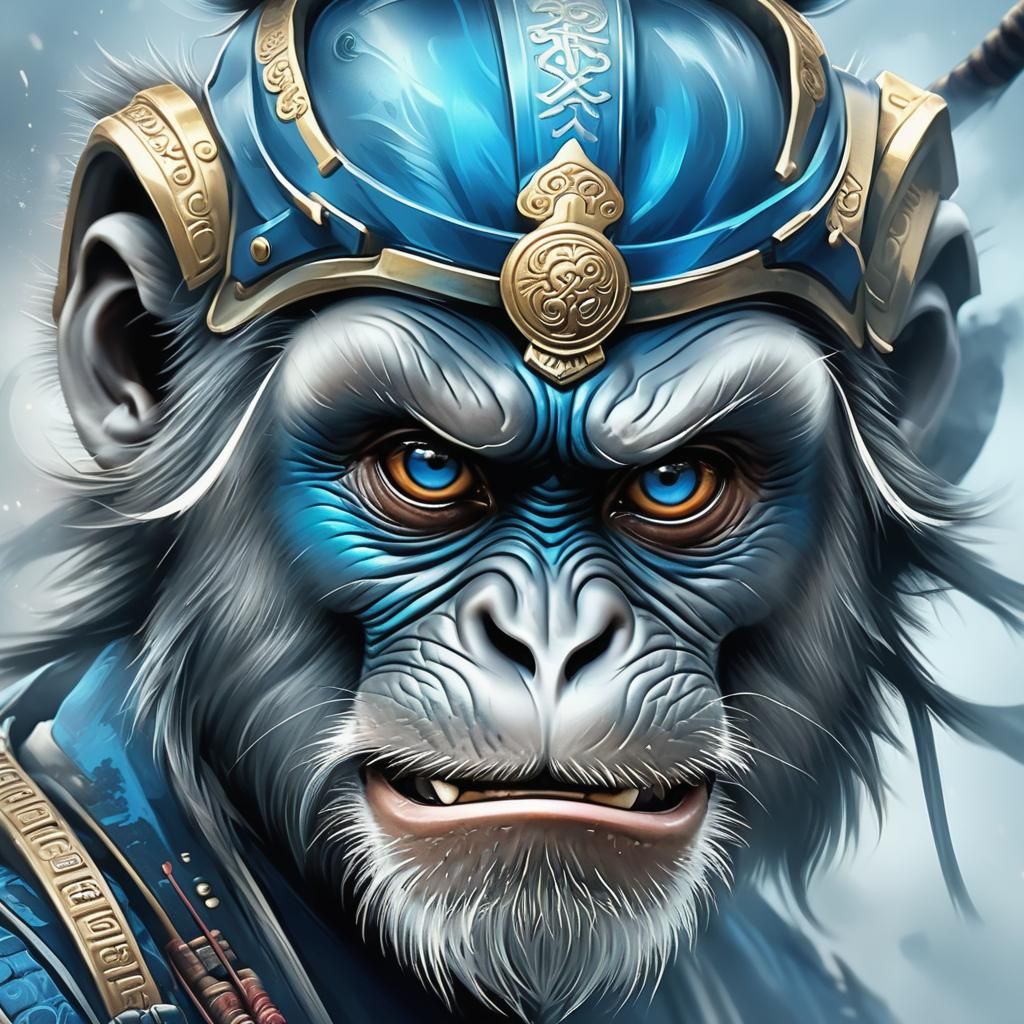 Fierce Samurai Monkey Portrait in Vivid Digital Art