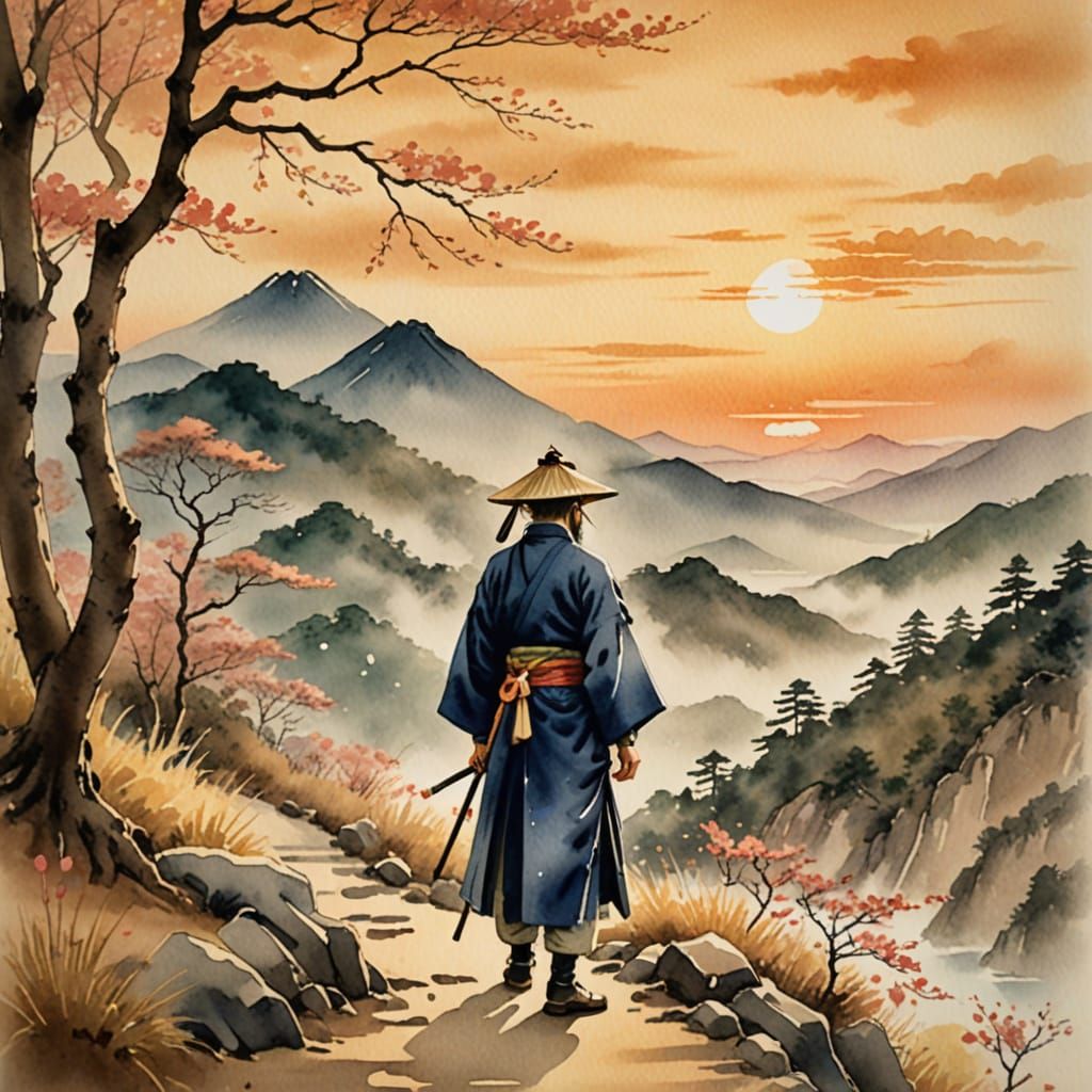 Whimsical Japanese Watercolor of a Sunset Samurai