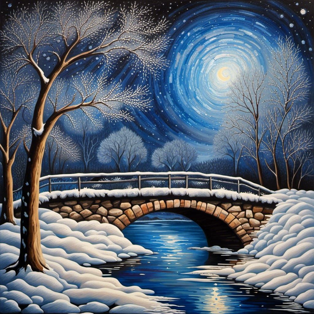 Icy Stone Bridge Under Starry Night Sky
