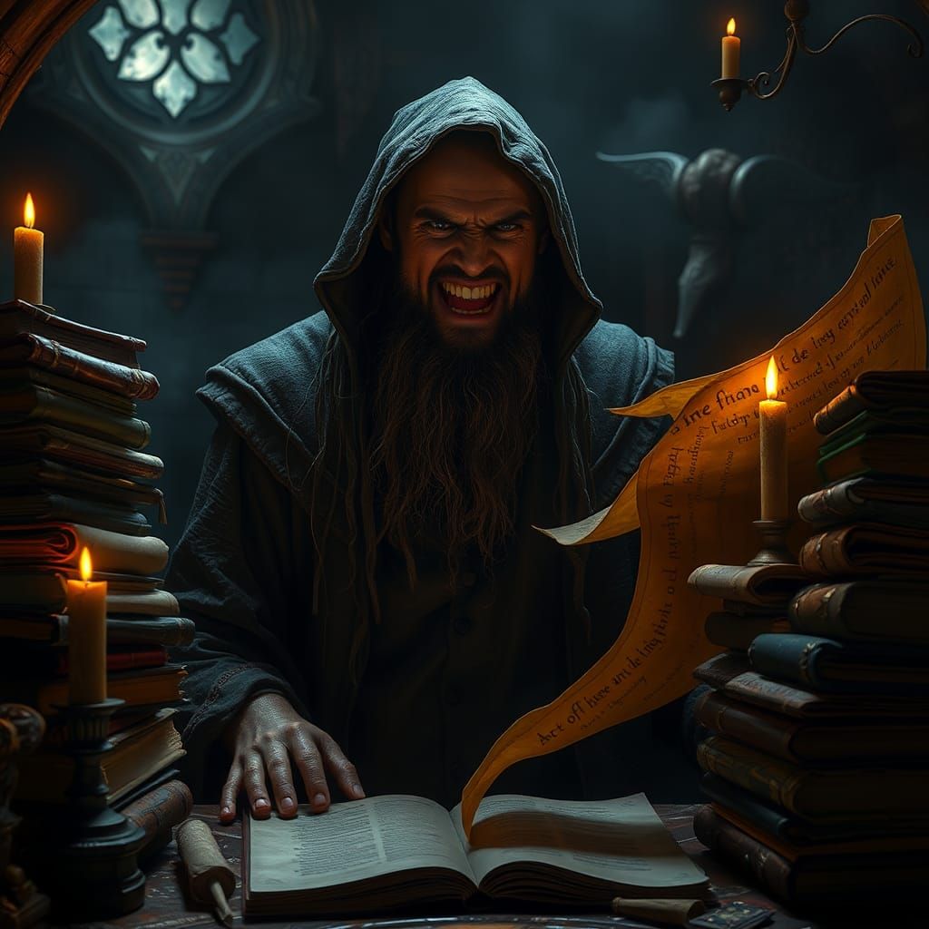 Dark Wizard Laughing Over Ancient Tomes
