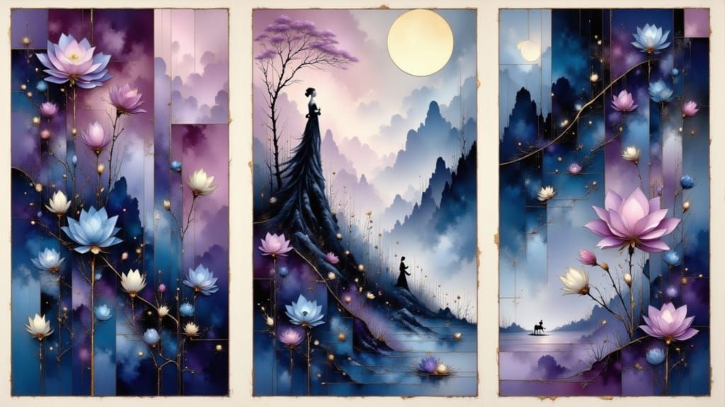Asian Abstract Fantasy Art Triptych