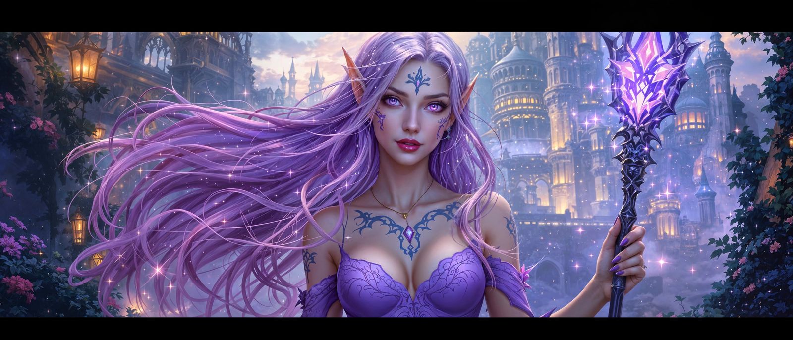 Ethereal High Elven Sorceress in a Mystical City