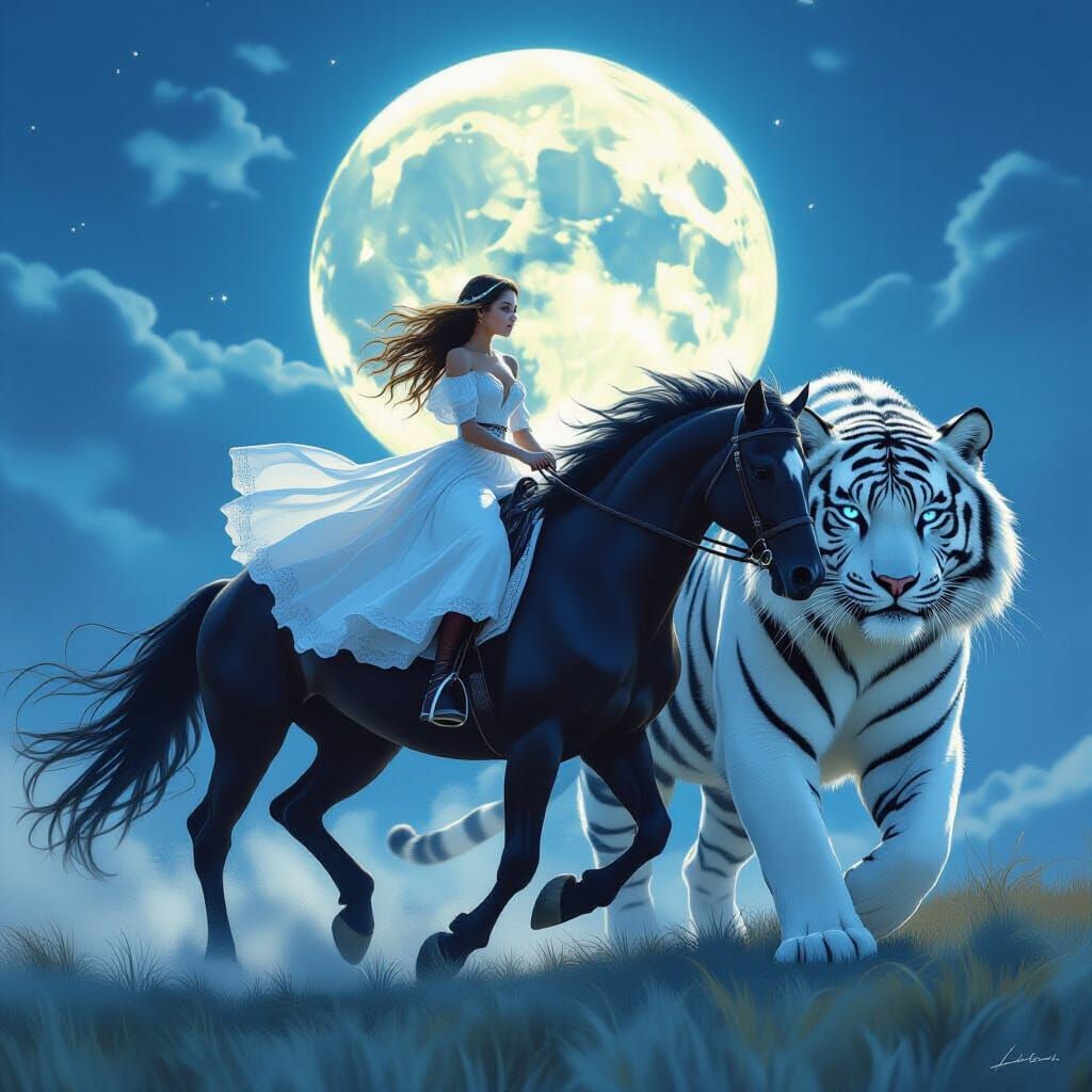 Girl on Black Stallion with White Tiger, Moonlit