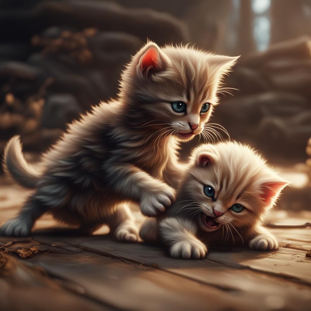 Kitten and Puppy Wrestle: Fantasy Concept Art