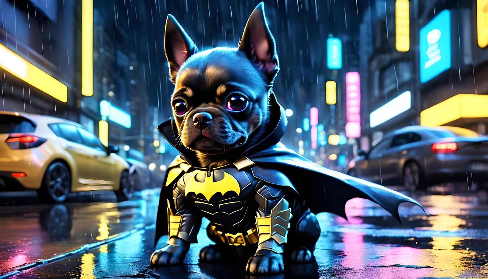 Anime Chibi Dog as Batman on Neon Street