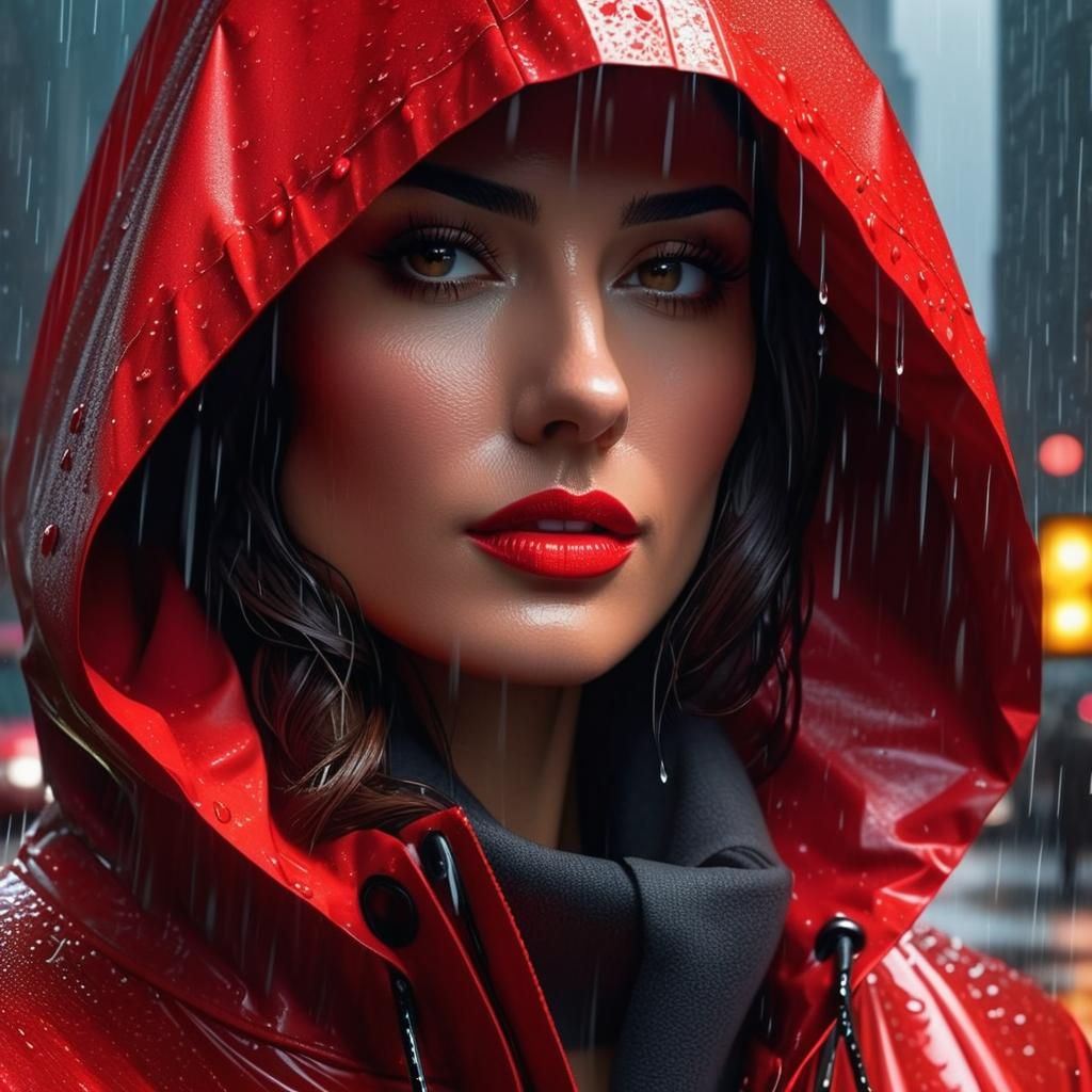 Woman in Red Raincoat, Digital Art Portrait