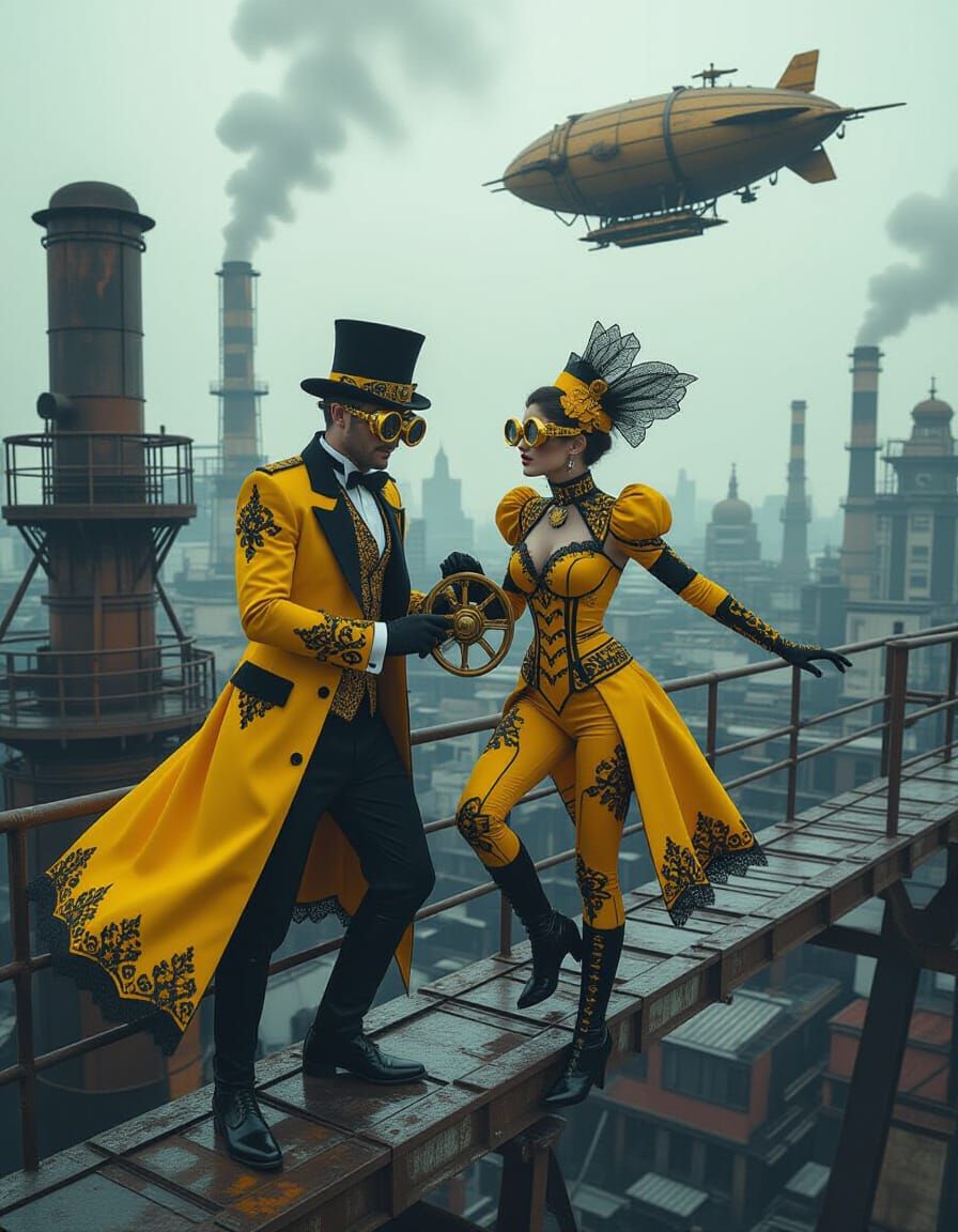 Steampunk Couple with Yellow Bodies on Rooftop Catwalks