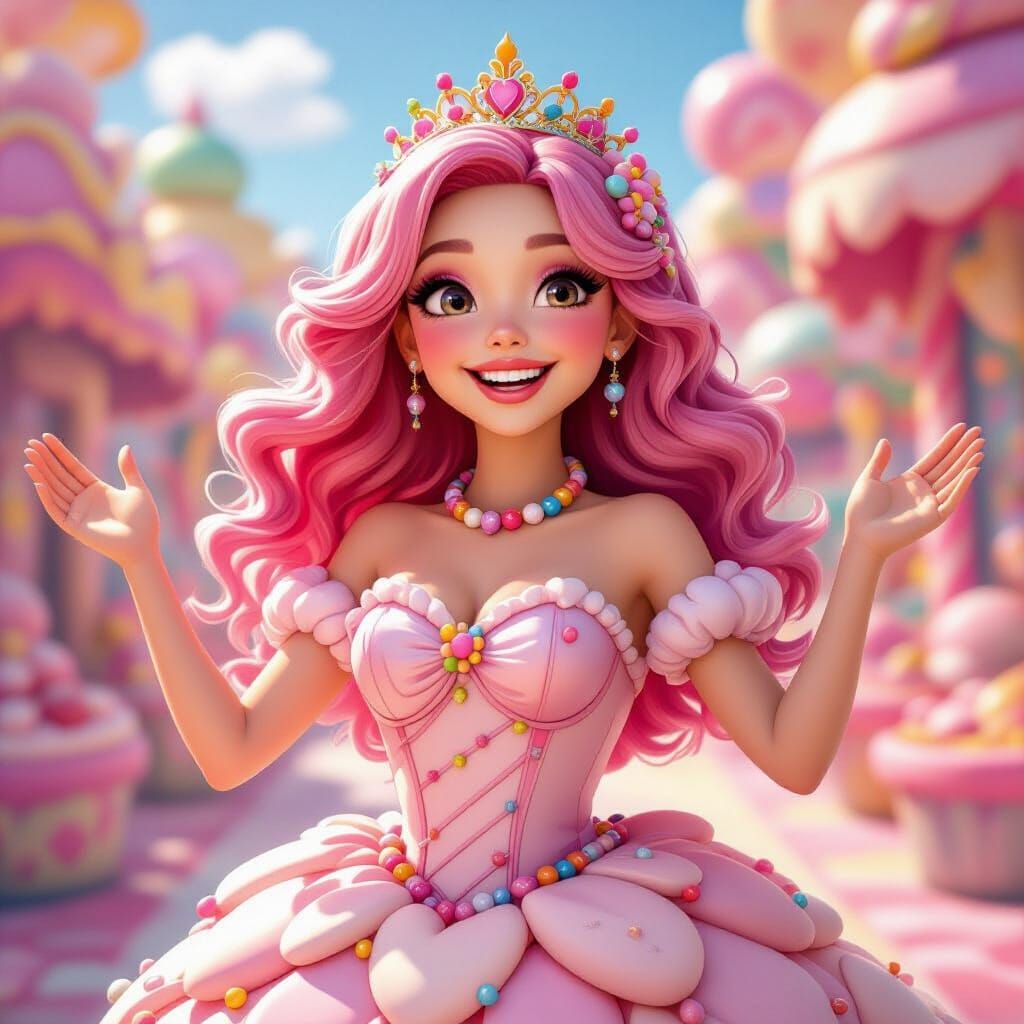 Happy Candy Princess Dancing in Vibrant Candy World