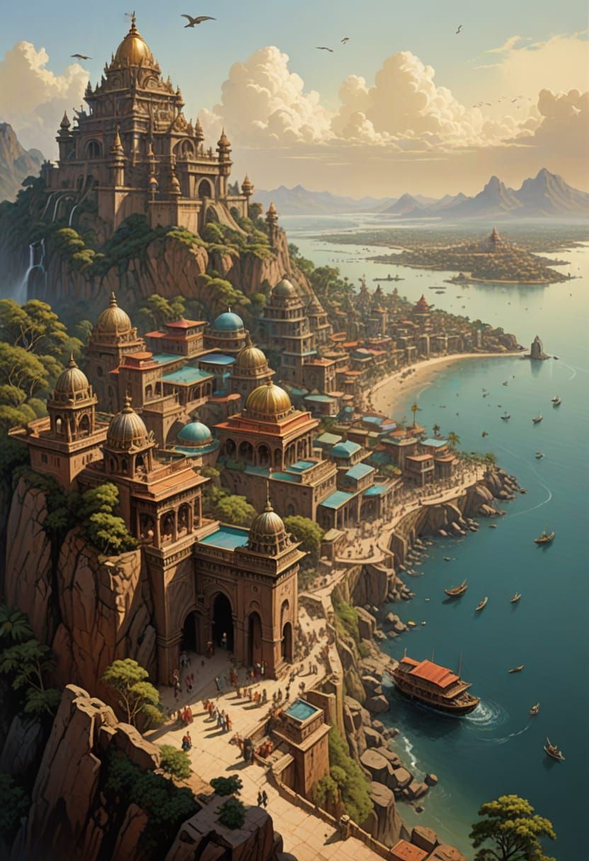 Majestic 15th Century Hindu Coastal Cityscape in Heroic Fant...