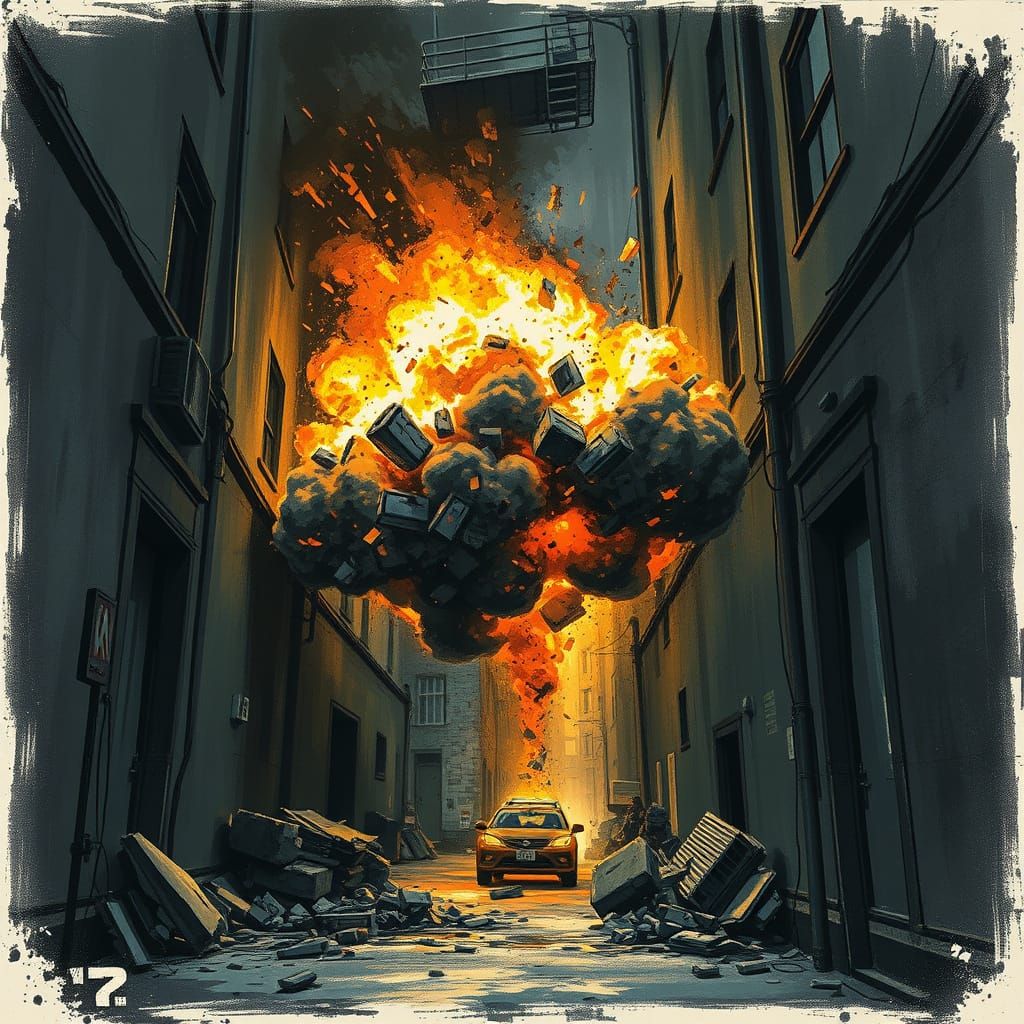 Gritty Urban Explosion in Cyberpunk Style