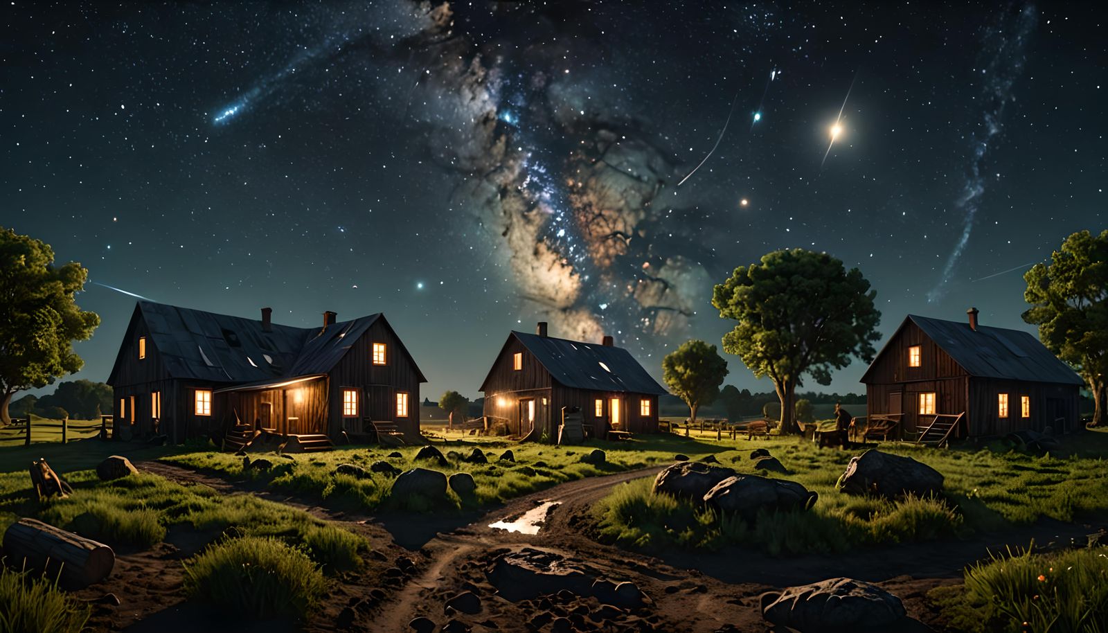 Cosmic Nebulae Over Farm Landscape, Hyperrealistic Art