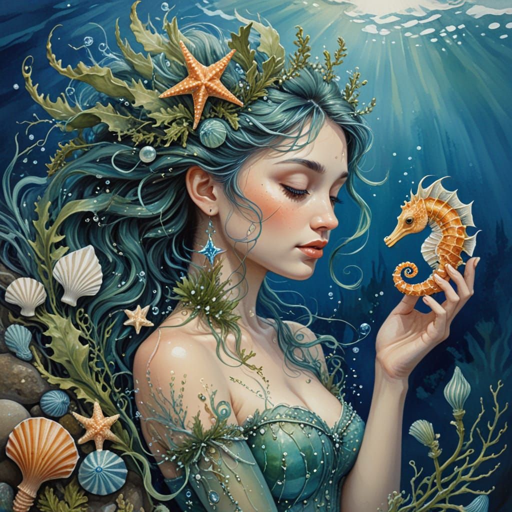 Enchanting Sea Fairy with Seahorse, Gouache Painting