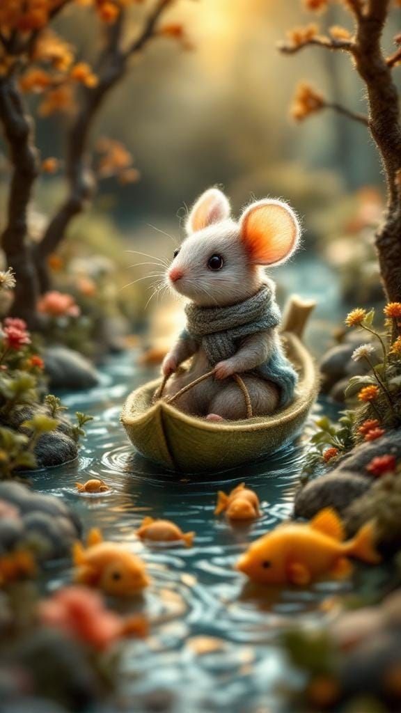 Needle Felted Mouse on Yarn River, Whimsical Art