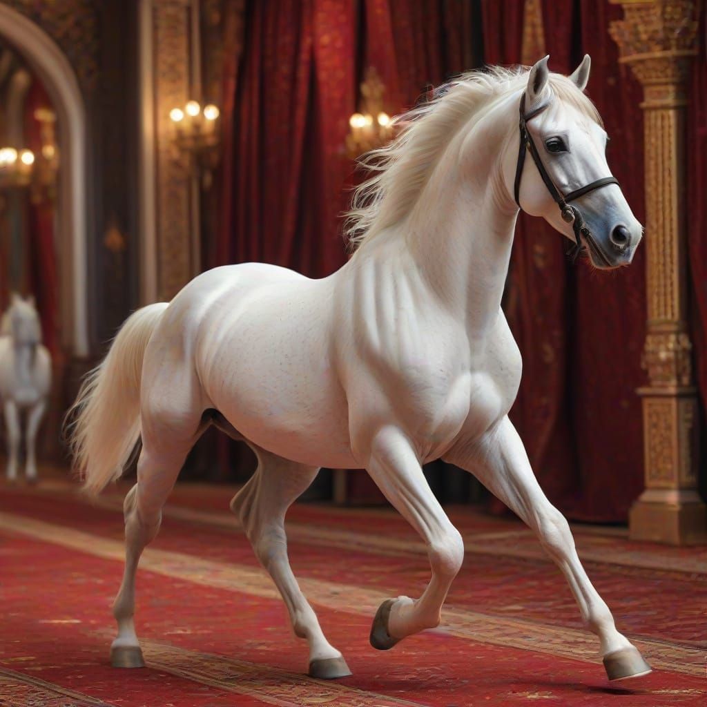Elegant White Arabian Horse on the Red Carpet