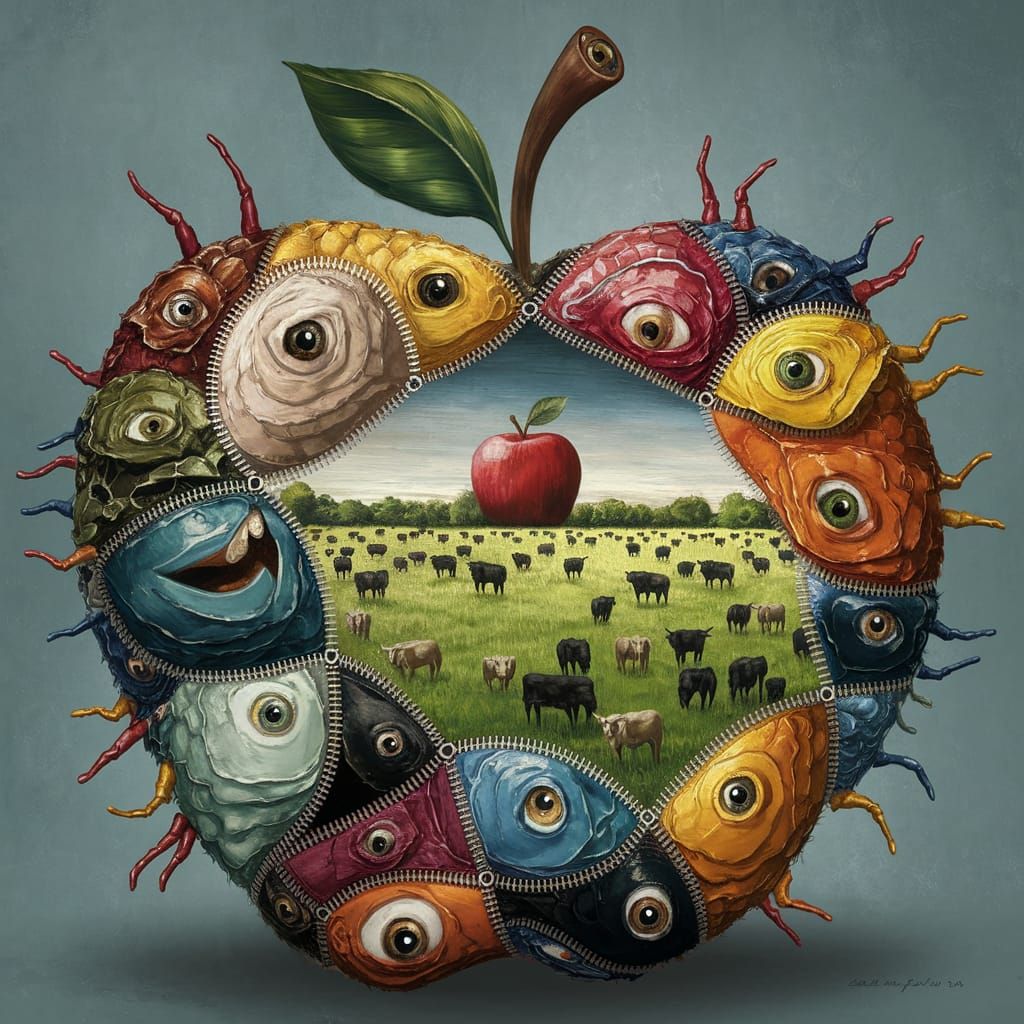 Vibrant Impasto Artwork with Insects, Fish, and Calligraphic...