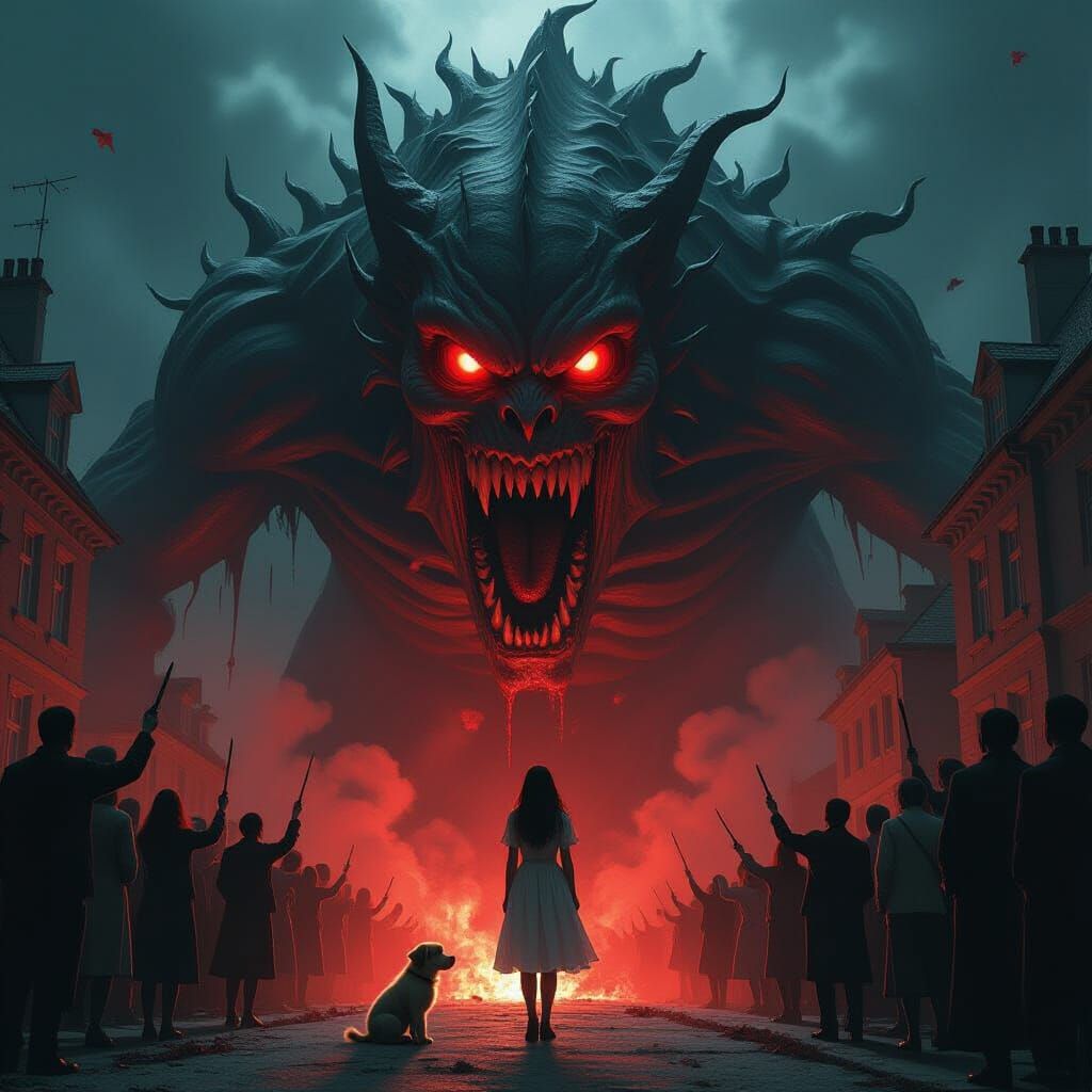 Gothic Horror: Woman Protects Puppy from Monster