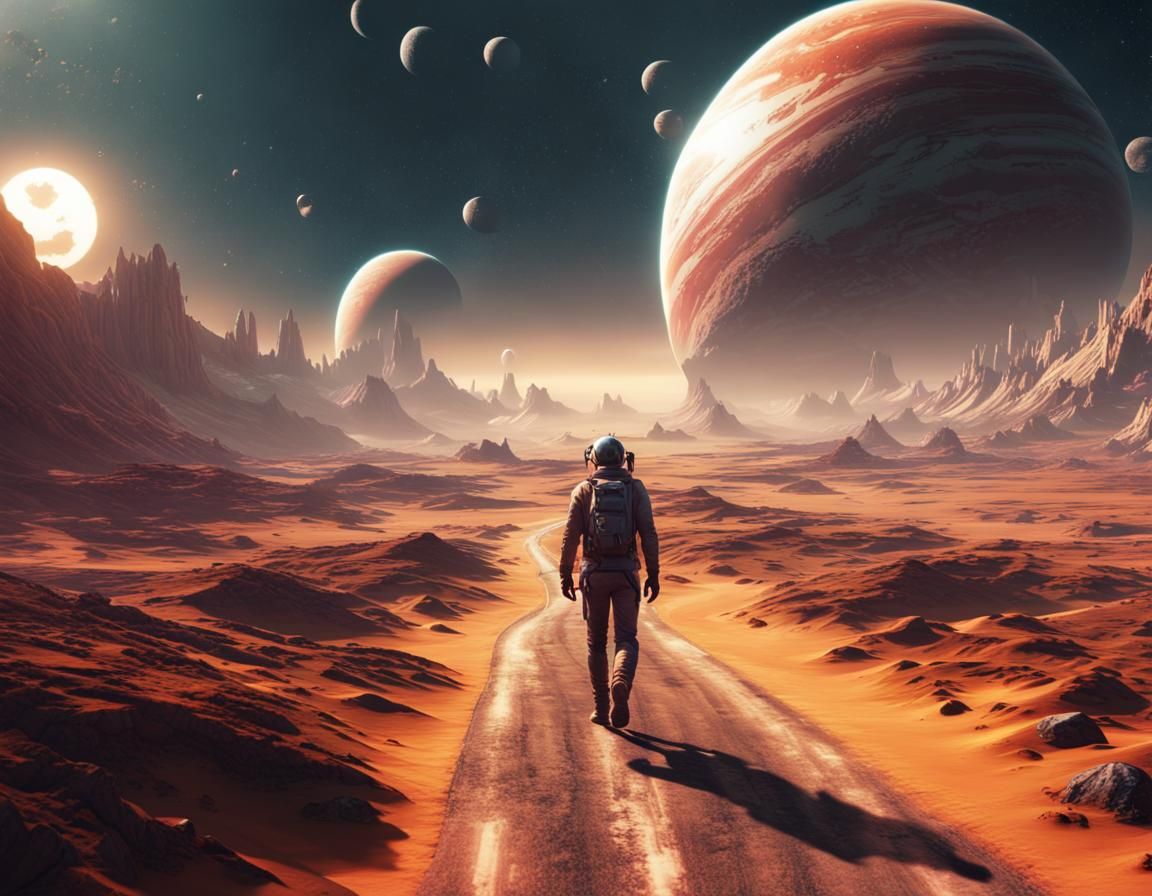 Surreal Space Road to Planet in 3D Cinematic Style
