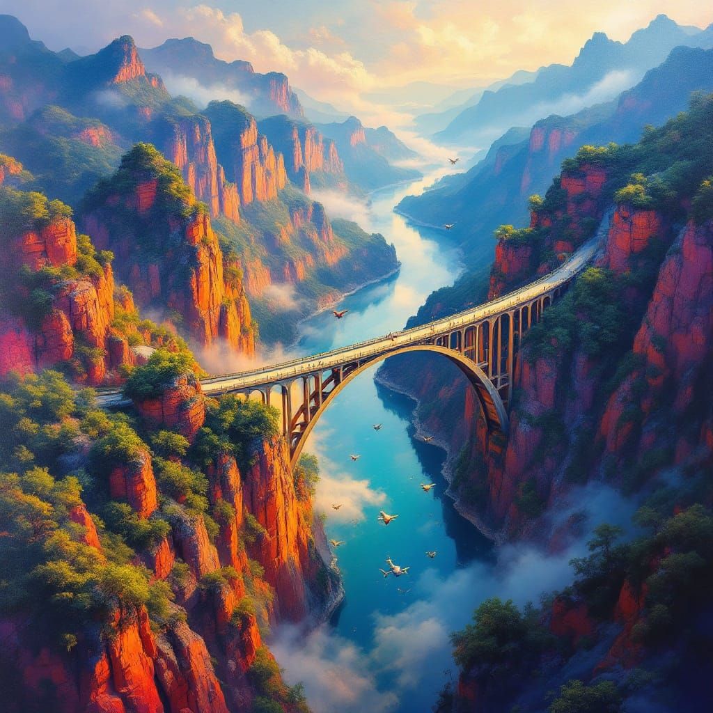 Drones Fly Over Guizhou Canyon Bridge in Colorful Acrylic Ar...