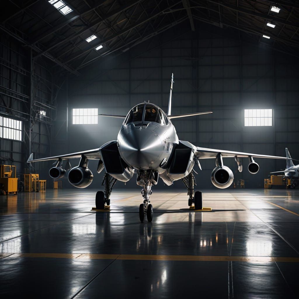 Sleek Air Force Jet in a Dimly Lit Hangar