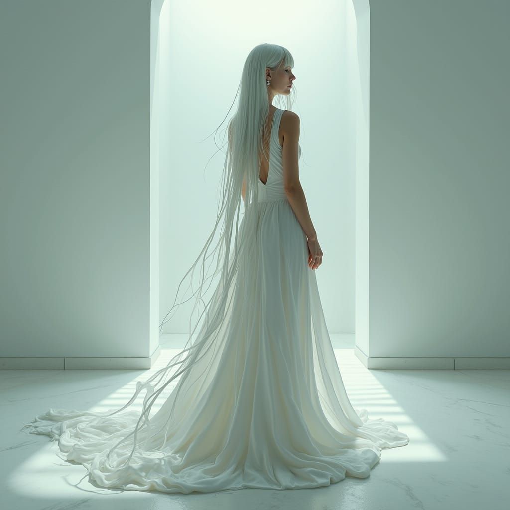 Ethereal Goddess with Liquid Mercury Hair in Ambient White R...